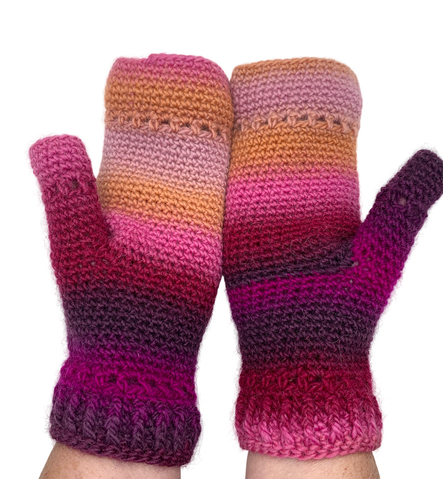 Fold Over Fingerless Mittens, Hand knit, pink/purple