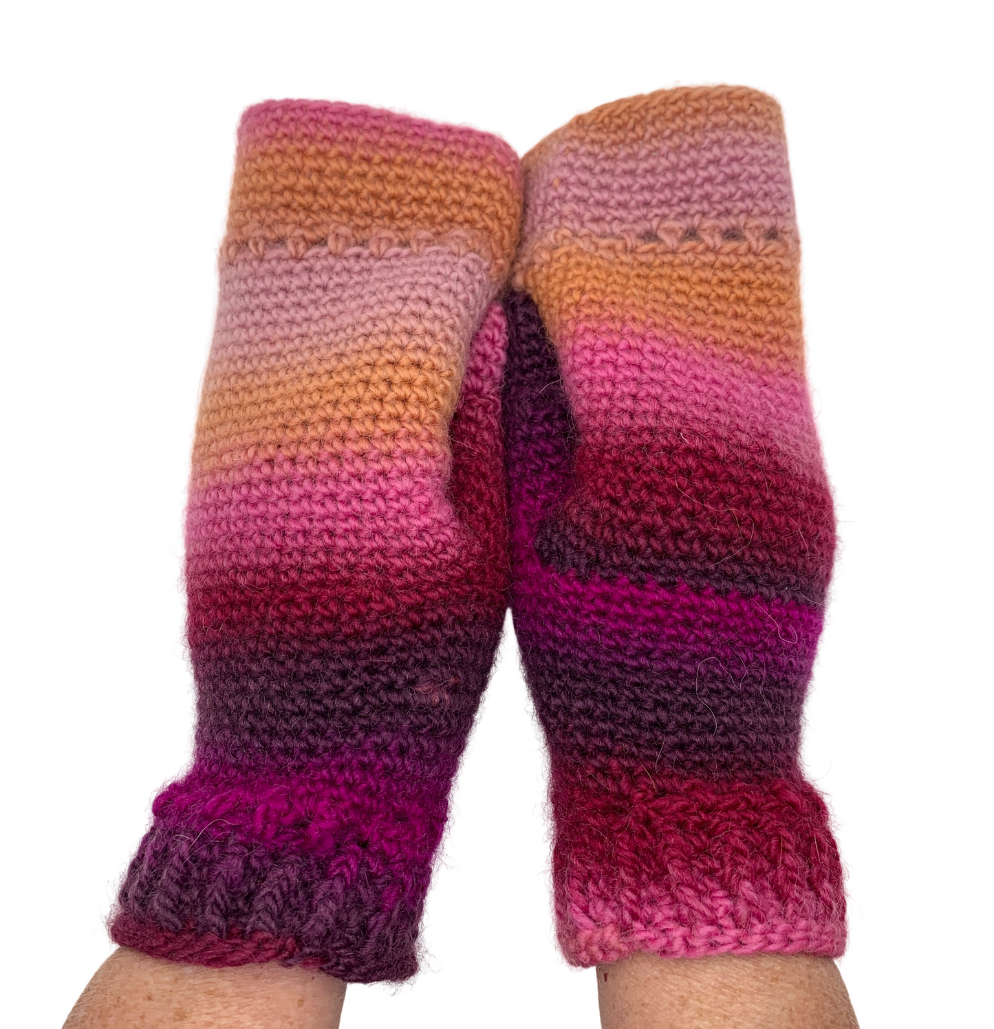 Fold Over Fingerless Mittens, Hand knit, pink/purple