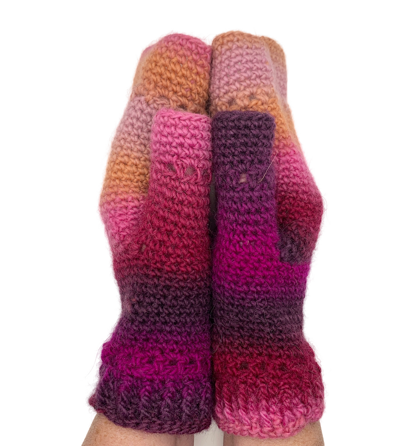 Fold Over Fingerless Mittens, Hand knit, pink/purple