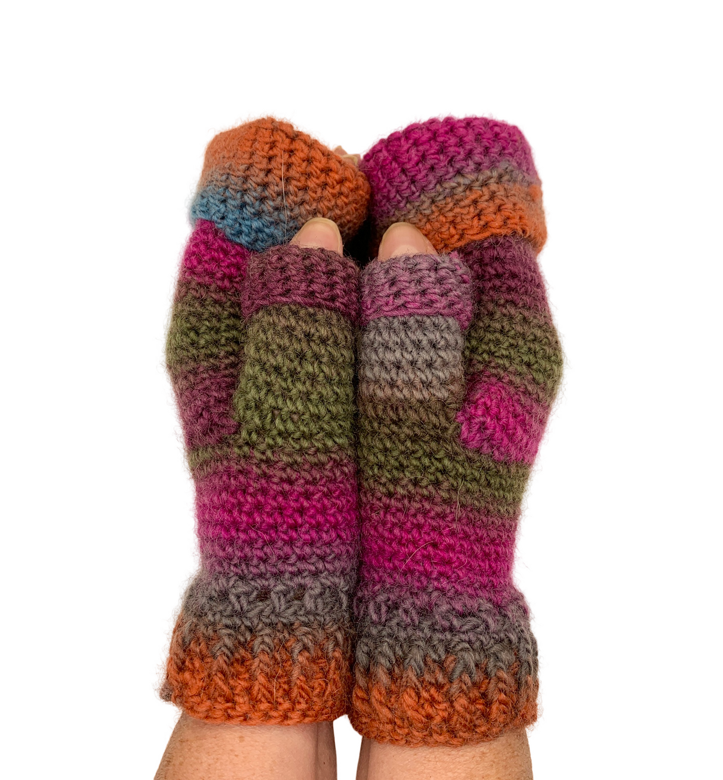 Fold Over Fingerless Mittens, Hand knit, pink/gray