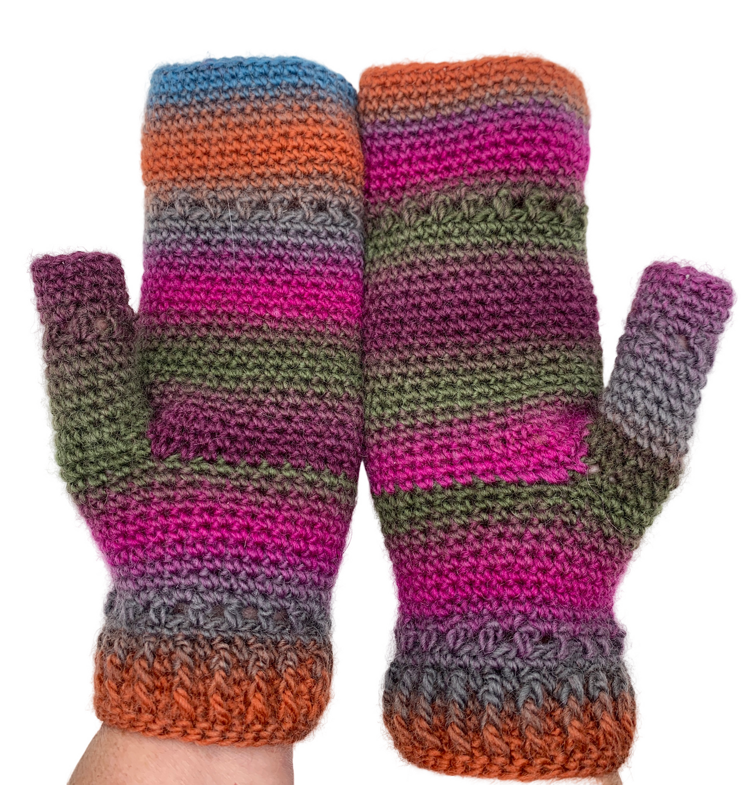 Fold Over Fingerless Mittens, Hand knit, pink/gray