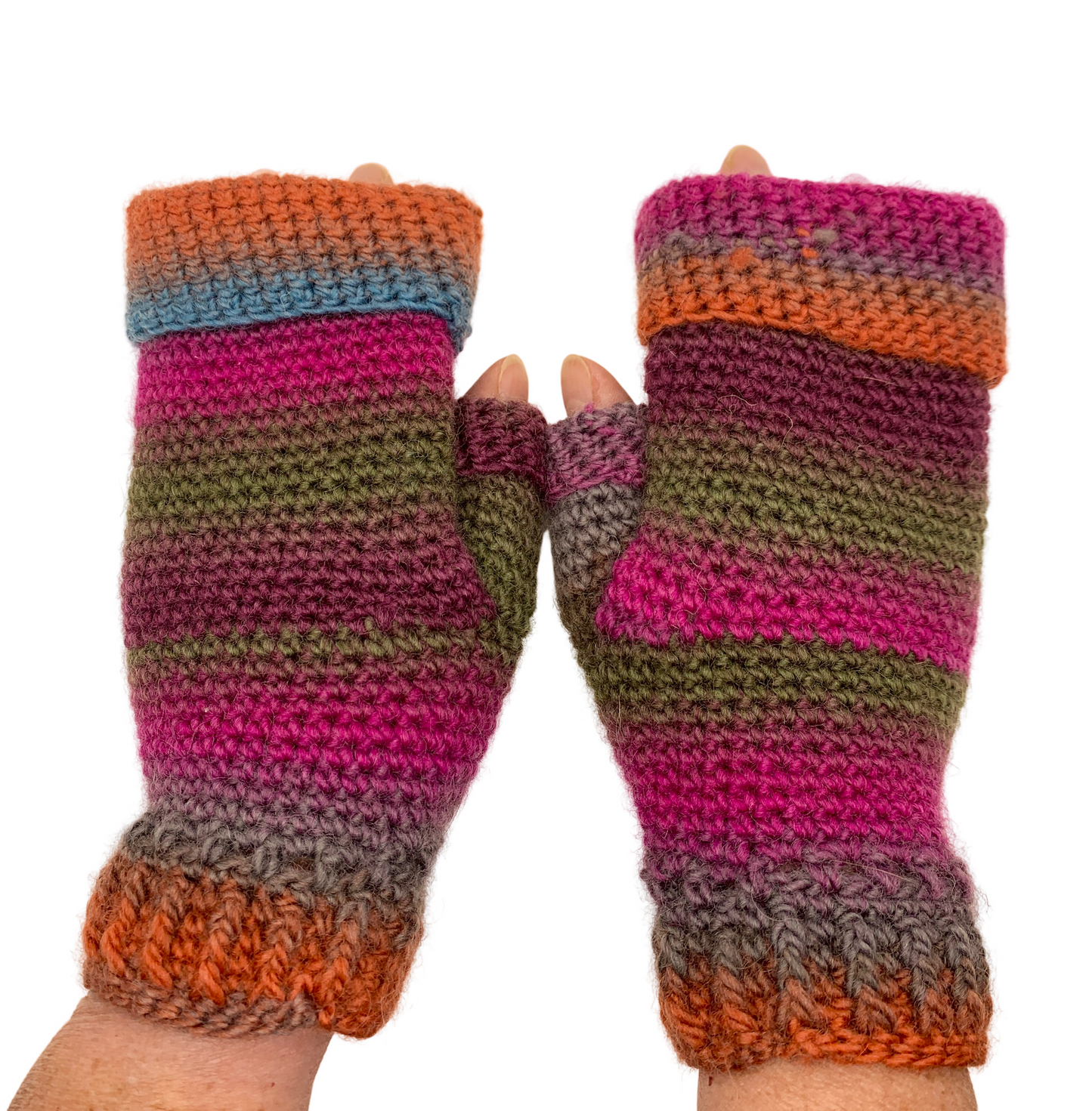 Fold Over Fingerless Mittens, Hand knit, pink/gray