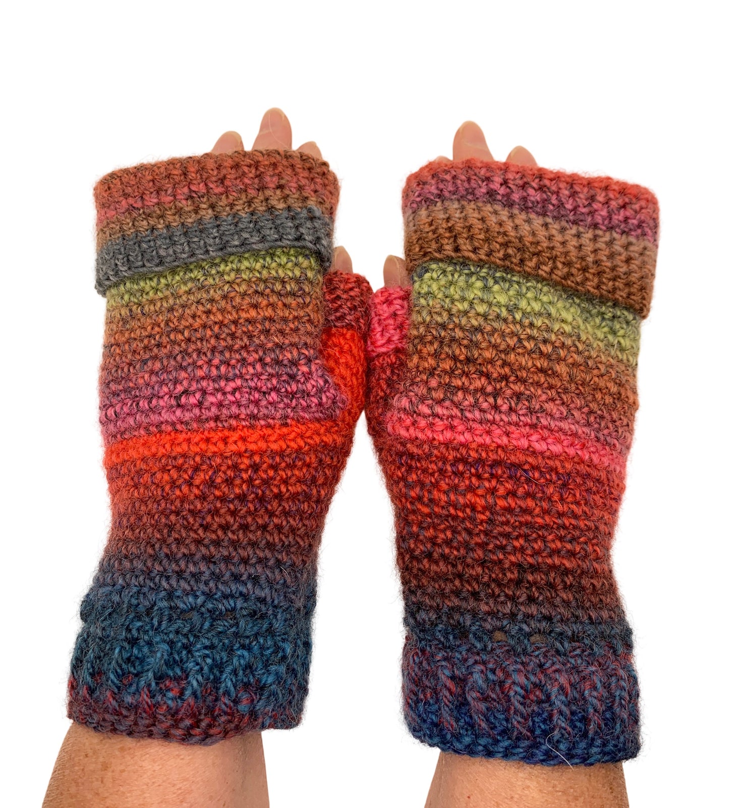 Fold Over Fingerless Mittens, Hand knit, red/blue