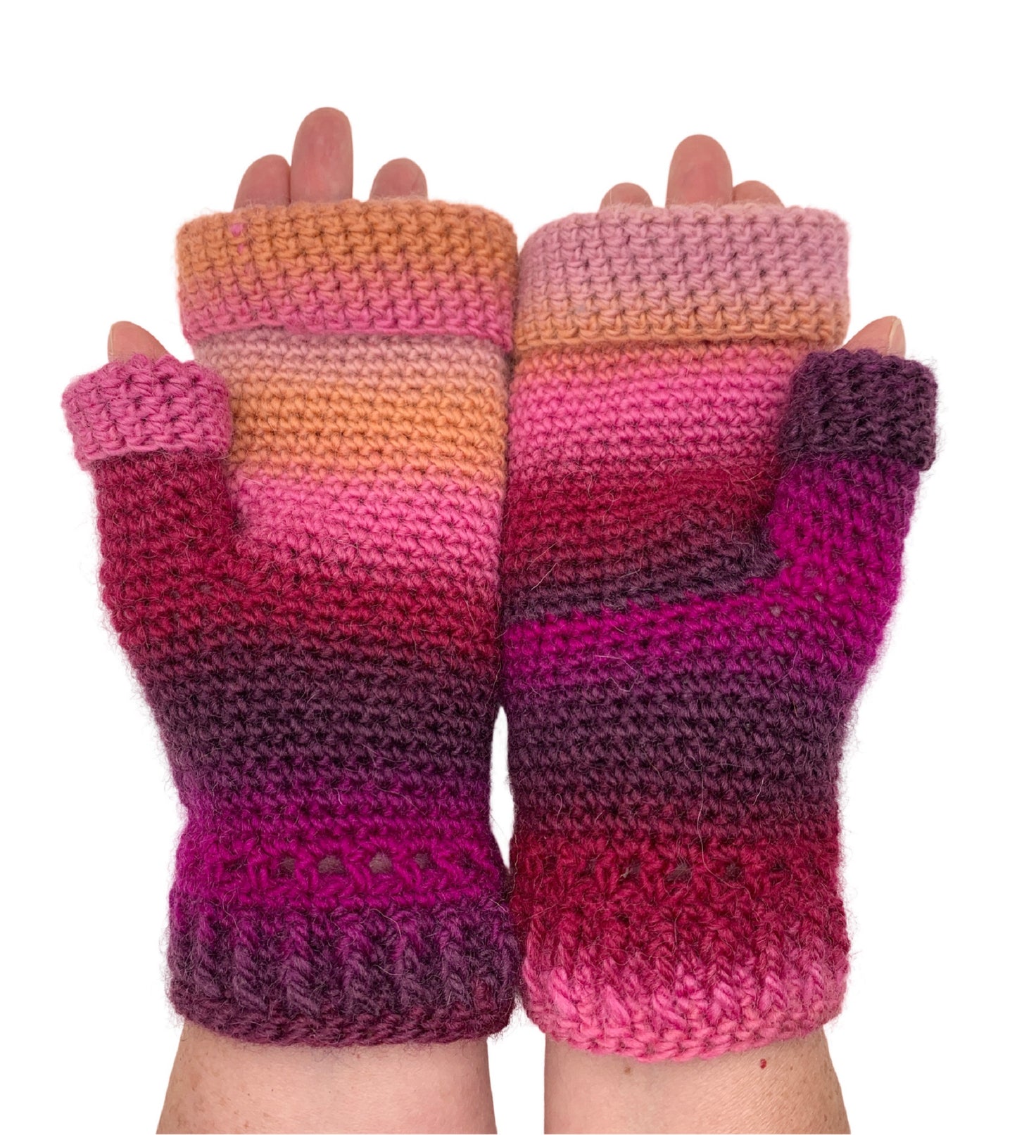 Fold Over Fingerless Mittens, Hand knit, pink/purple