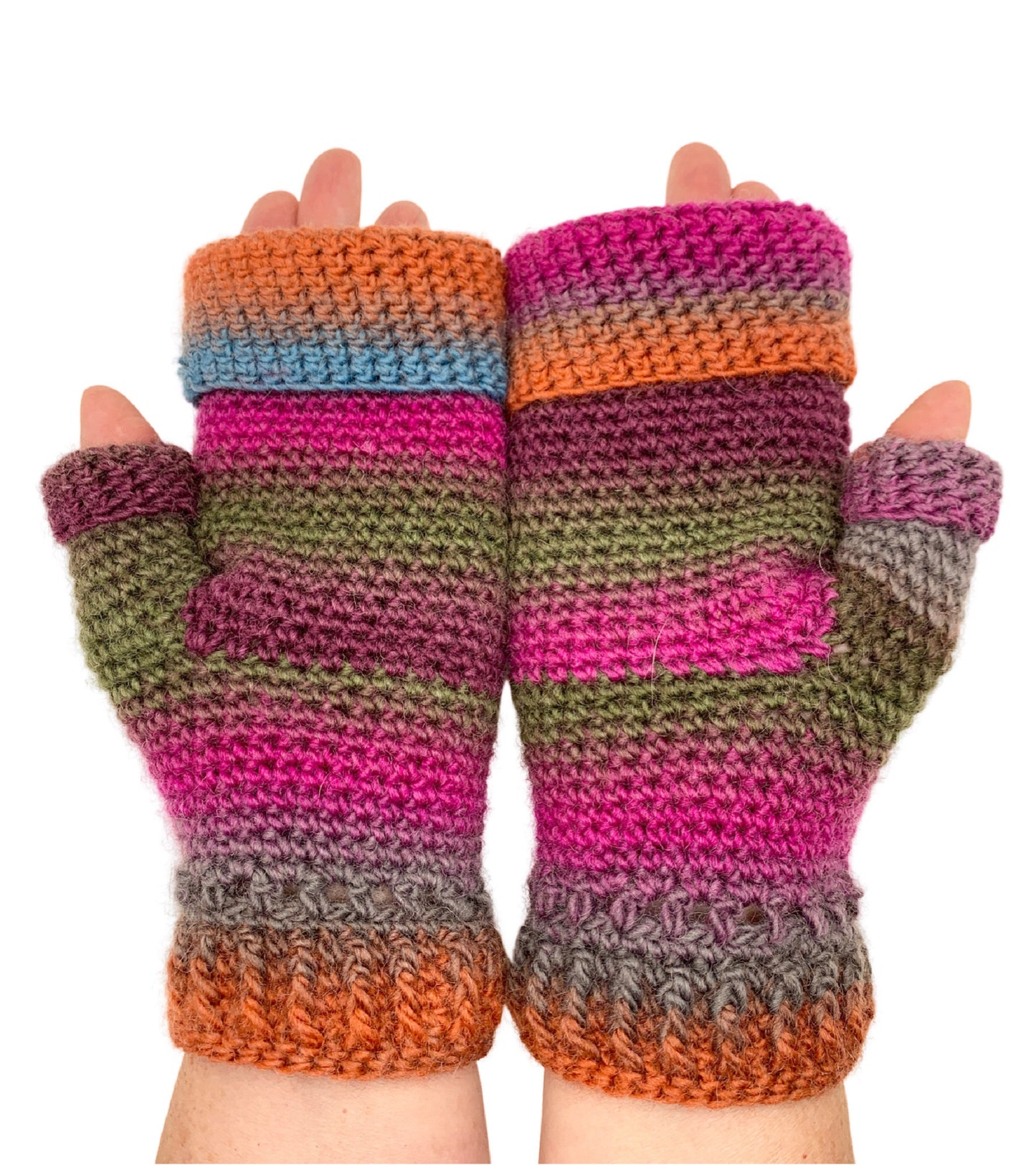 Fold Over Fingerless Mittens, Hand knit, pink/gray