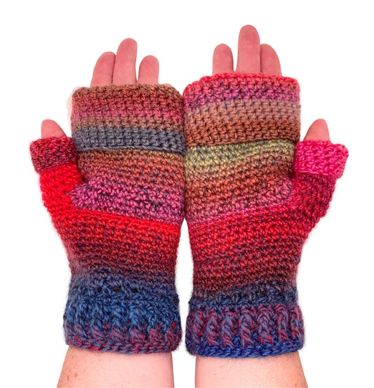 Fold Over Fingerless Mittens, Hand knit, red/blue