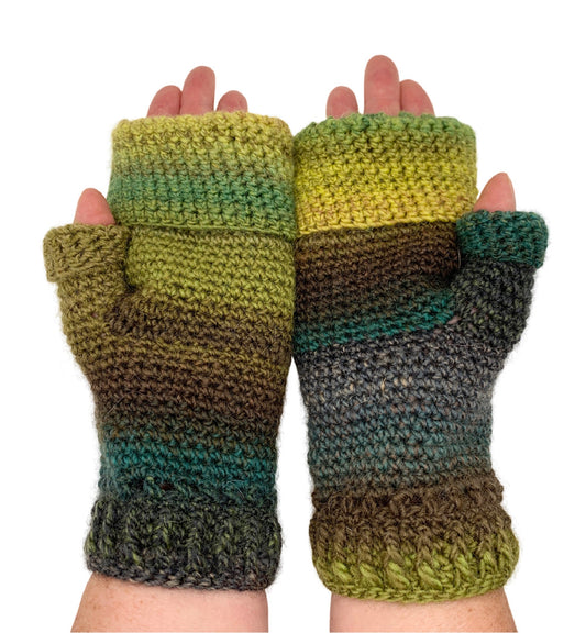 Fold Over Fingerless Mittens, Hand knit, green/brown