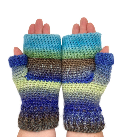 Fold Over Fingerless Mittens, Hand knit, blue