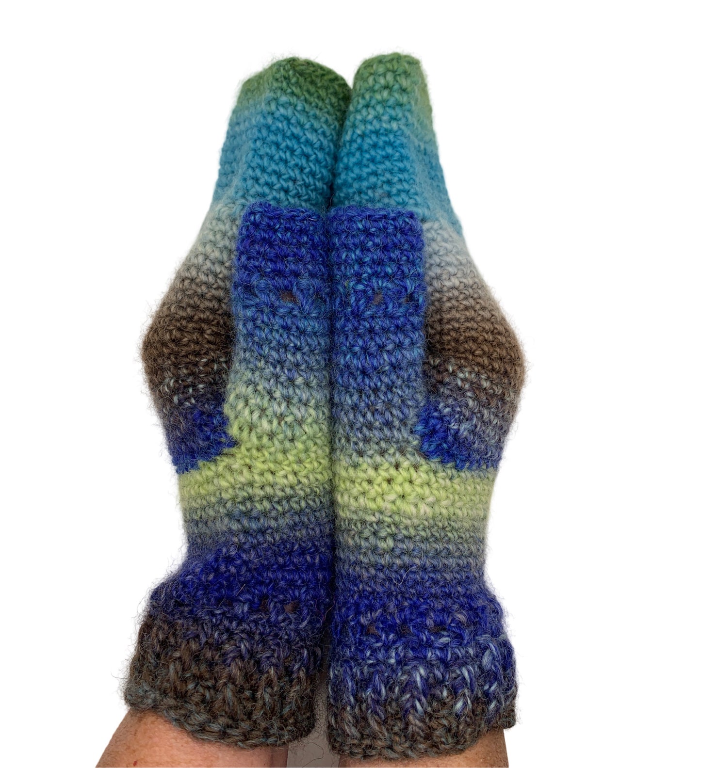 Fold Over Fingerless Mittens, Hand knit, blue