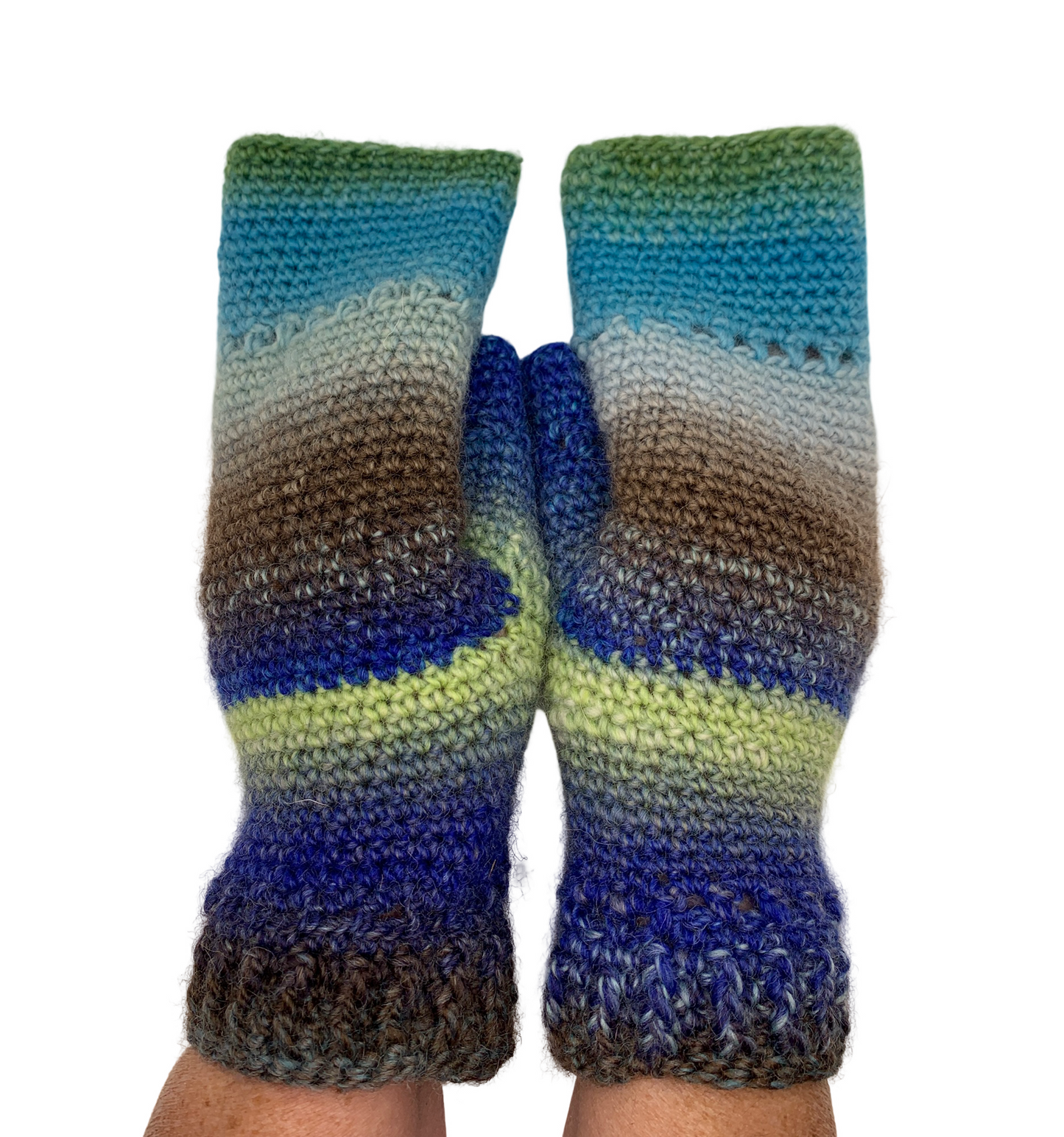 Fold Over Fingerless Mittens, Hand knit, blue