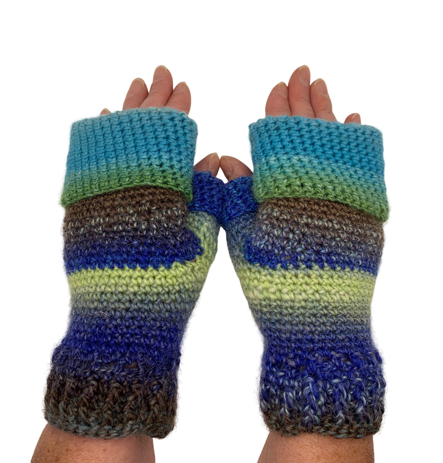 Fold Over Fingerless Mittens, Hand knit, blue