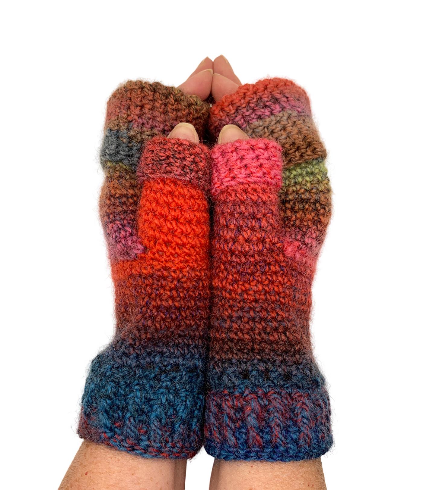 Fold Over Fingerless Mittens, Hand knit, red/blue