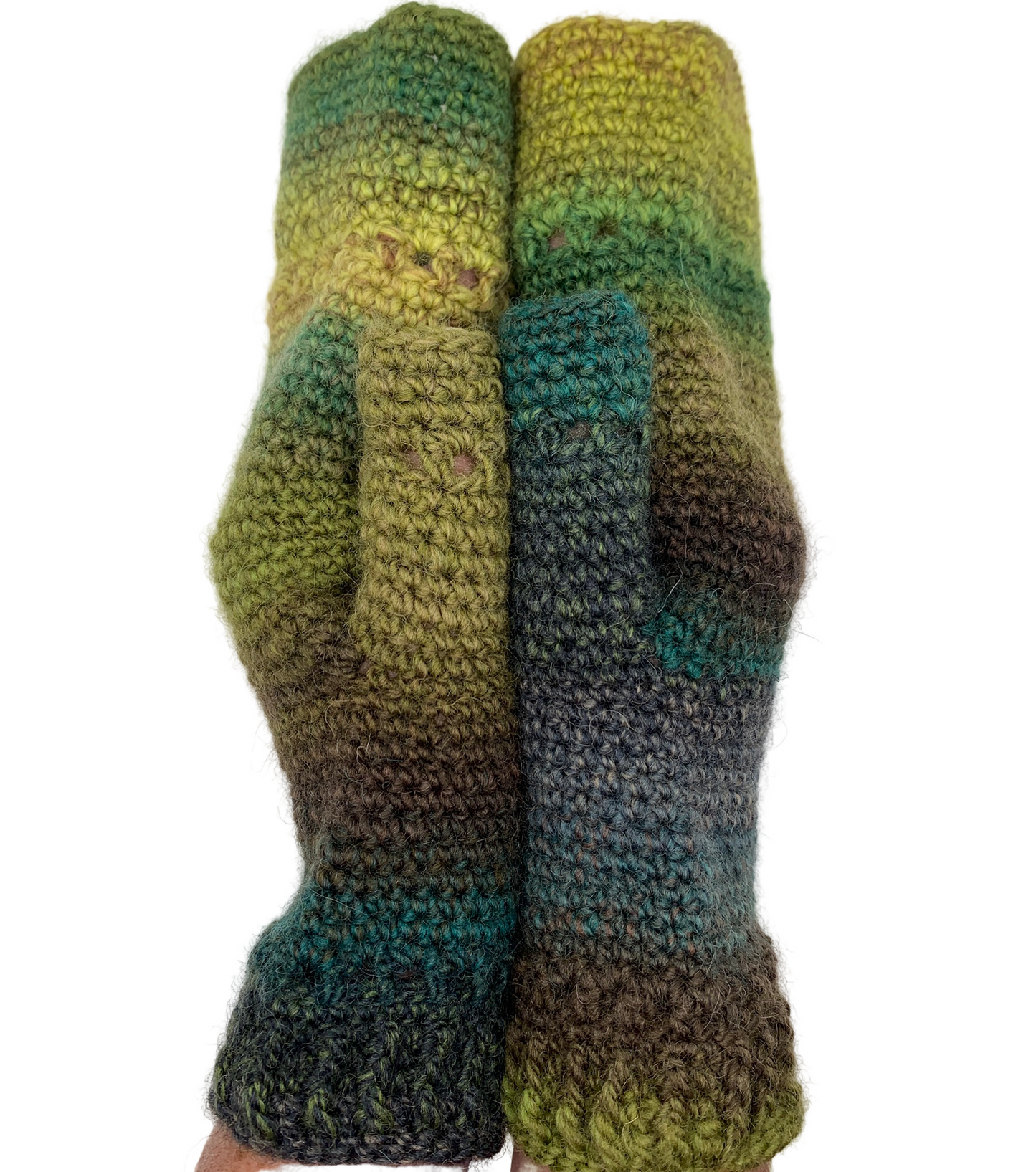 Fold Over Fingerless Mittens, Hand knit, green/brown