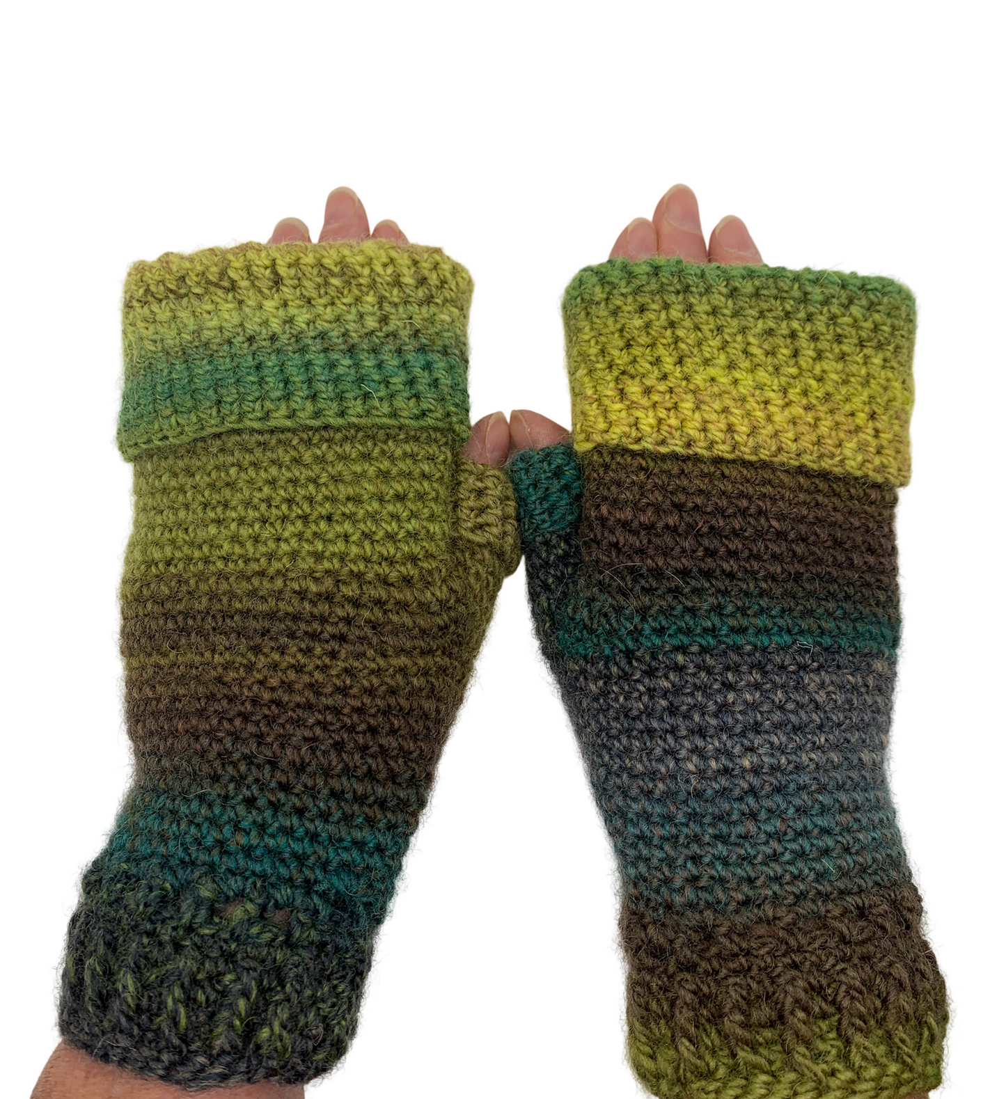 Fold Over Fingerless Mittens, Hand knit, green/brown