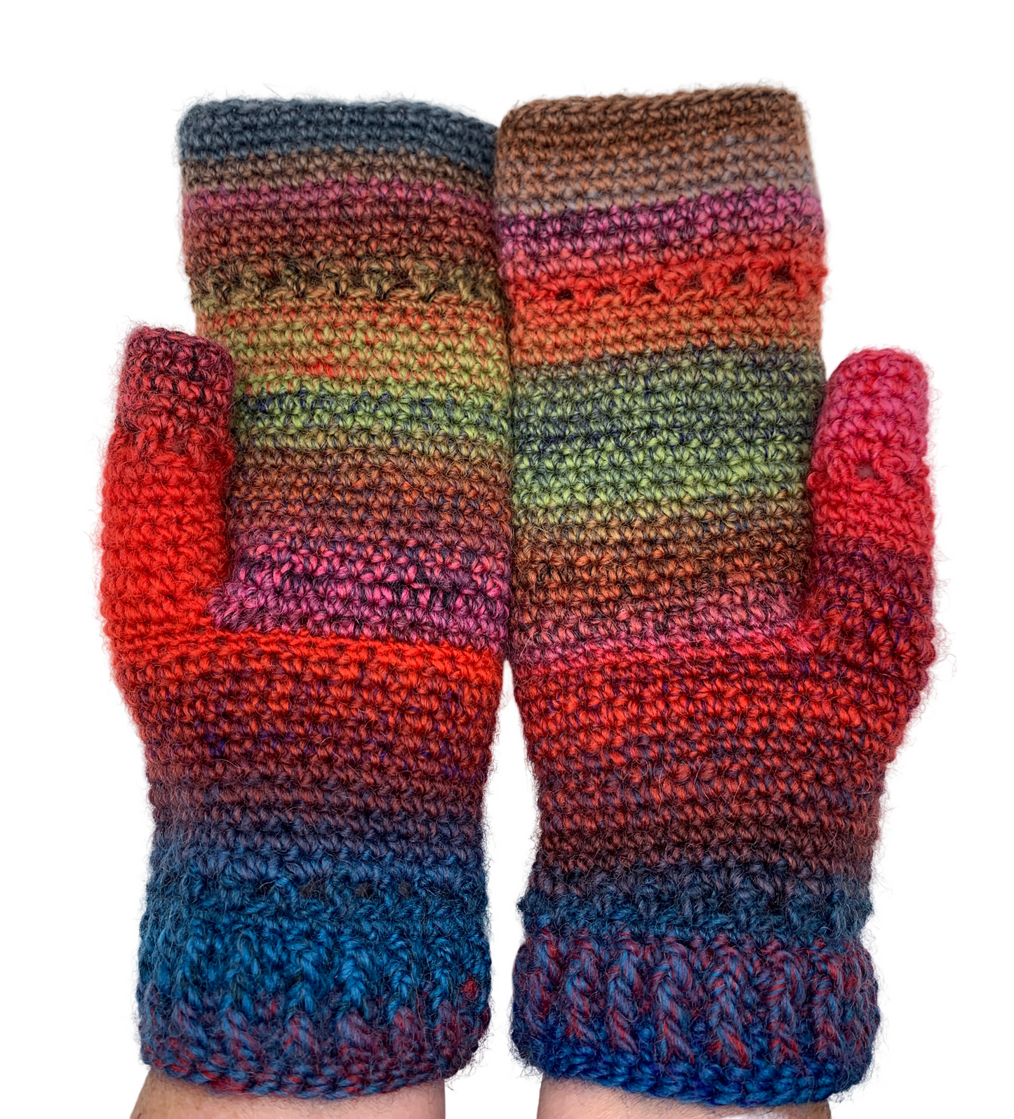 Fold Over Fingerless Mittens, Hand knit, red/blue